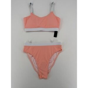 Tempt Me Bikini Set Peach Colorblock High Waisted Swim Size L NWT